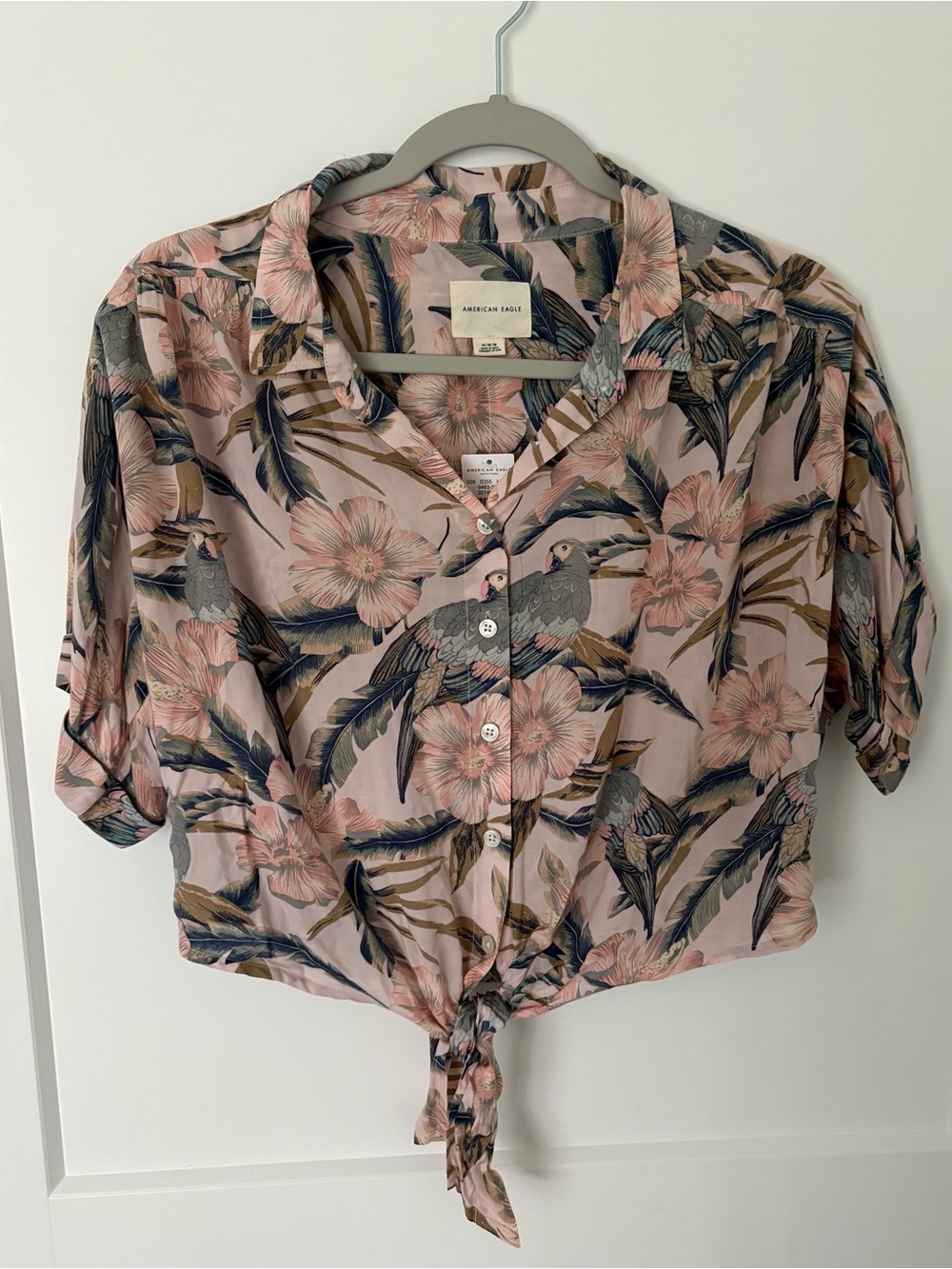NWT- American Eagle Outfitters Pink Floral & Bird Tie-Front Button Shirt